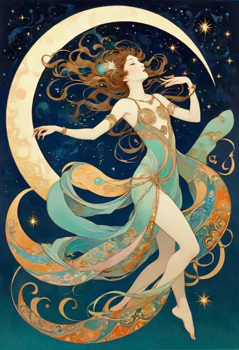 Hallucinatory, Tsuruta Ichiro Style Beauty Painting , Hypnotic Patterns , Abstract, Euphoric,  Fluid Shapes , Art Nouveau Painting ,  jewelry, summer, moon, star, flat illustration .  negative space in the shape of a dancing womans body.  Japanese Mytholog...