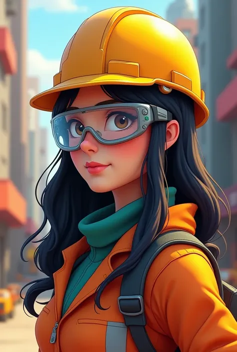 Create an image of a risk preventative WOMAN with a background in animated construction that has LONG AND WAVY BLACK HAIR WITH LENSES THAT HAS ALL HER PPE