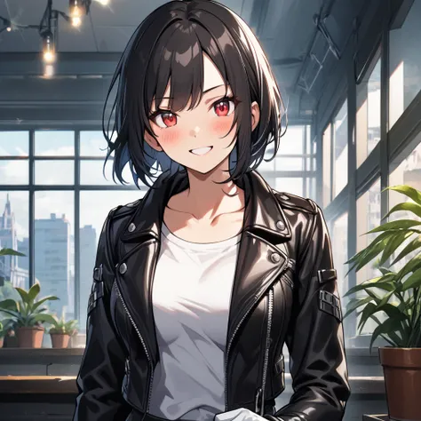 1girl, solo, breasts, looking at viewer, blush, smile, short hair, bangs, shirt, black hair, red eyes, gloves, long sleeves, collarbone, jacket, white shirt, upper body, multicolored hair, open clothes, indoors, white gloves, grin, open jacket, black jacke...