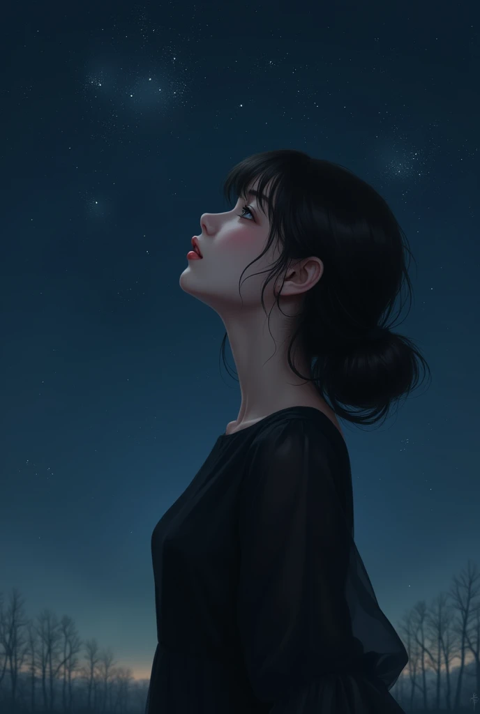 Generate an image of a girl in a back dress looking at the night sky with the highest quality 