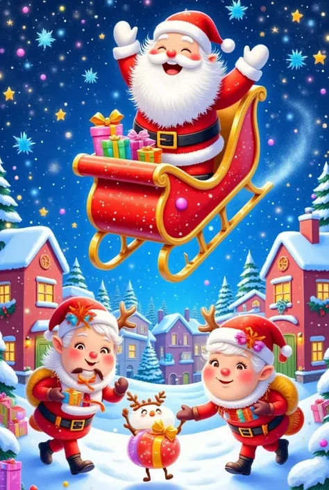 " A magical and joyful Christmas Eve scene , Santa flies in his beautiful sleigh .  The sleigh is flying through the stars ,  The reindeer gracefully pulls it .  Adorable elves happily throwing presents from the sleigh to the people below. Those people,  E...