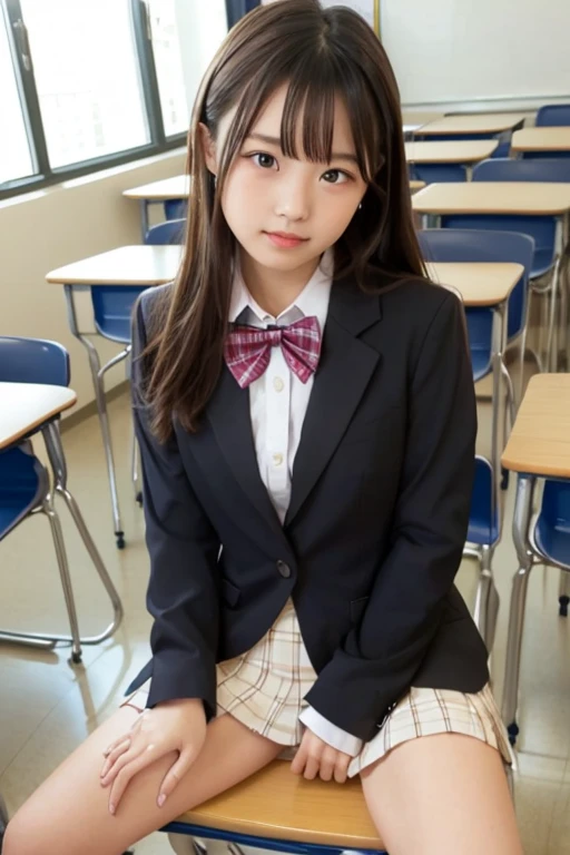 classroom、underwear、 Actual photo 、 shoulder、Sexy blazer 、  bow tie  、 clear 、 High school girl、  blackboard  、During class、  sit on a chair and open your legs wide、  very short checked mini skirt、 stupid