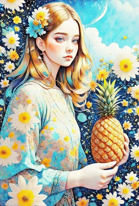 there is a コラージュ of a woman with a pineapple on a table, Pop Art Paintings  , Tumbler, futuristic,  colourful magazine collage,a contemporary artistic コラージュ,  Japanese 1 9 8 0s Album Cover ,  Postmodern Paintings ,  cut up collage 