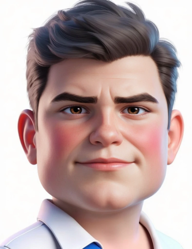 A friendly doctor character in 3D PIXAR cartoon style. He is dressed in a long white medical coat buttoned over a light blue shirt with a navy blue tie and a thin brown belt. In the pockets of his coat are a small phone-like device and a small badge or dev...