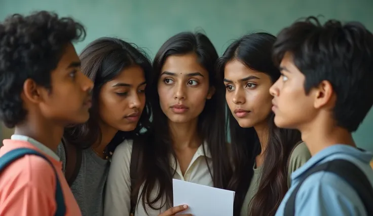 A group of Indian young students, appearing thoughtful and confused, shown from the chest up. They are standing close together, with diverse expressions of contemplation and uncertainty on their faces. The background is a neutral or simple classroom settin...