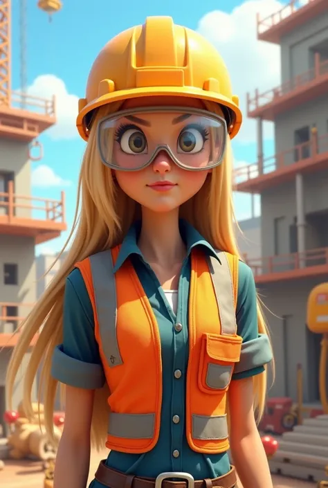 Create an image of a risk preventative WOMAN with a background in animated construction who has LONG STRAIGHT BLOND HAIR WHO HAS ALL HER PPE