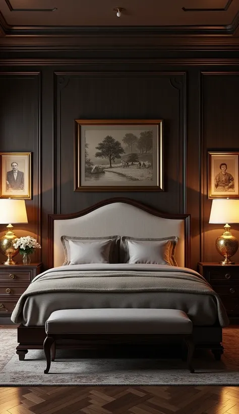 Create a classic bedroom with a dark wood bed with an upholstered headboard, gold table lamps and pictures in gold frames.