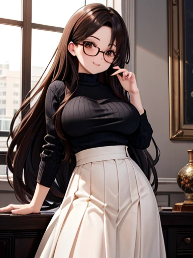  1 Woman 、  brown hair on one woman、 brown eyes、 Black Eyewear、 seductive  、 gorgeous face without wrinkles、 perfect body。 top quality、 ultra-detailed、8k resolution、 RAW photos 、masterpiece。smile。 sweater 、 Long Skirt。 black hair long hair , big breasts、