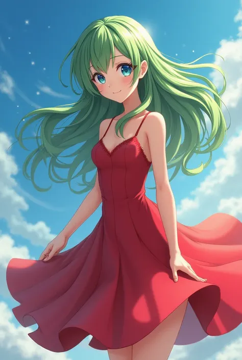 An anime girl with long green hair and heavenly blue eyes wears a red dress and her green hair flies while the sky is blue 