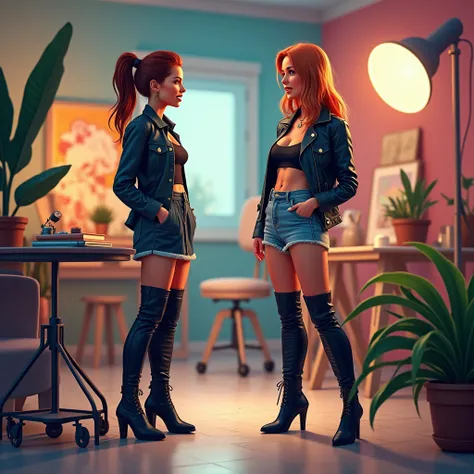 Create a picture of a female and a male person talking about something in a studio, the woman is wearing high rise boots and tight crop top with denim skirt