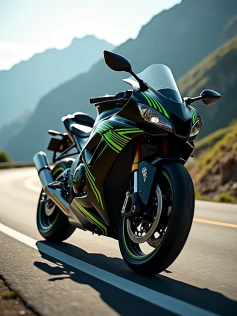 (Close-up A black sporty-side motorcycle with green stripes) In the background road and mountains  ( more visible, focus on the sides of the bike)(Make the side )