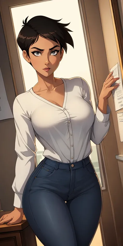 ((ultra quality)), ((masterpiece)), Lois Lane, short stature, ((black short hair tomboy hairstyle)), (Beautiful face), (beautiful female lips), (), charming, ((sexy facial expression)), looks at the camera, eyes slightly open, (light skin color), (light sk...