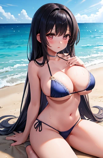 ​masterpiece、 Background and （（Sea side、 sandy beach））、15-year-old student、a beauty girl、silber hair、Big Breasts、Fine bikini embroidery 、 Kneel、 open legs、 sexy pose 、sweating、Wet hair、 black hair long hair , big breasts、