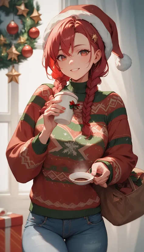 A girl, wearing a hand knitted sweater, denim skirt, dark red hair, double braided ponytails, christmas coat, christmas hat, holding a warm cup of hot chocolate, cozy christmas holiday home background. Dynamic potrait 