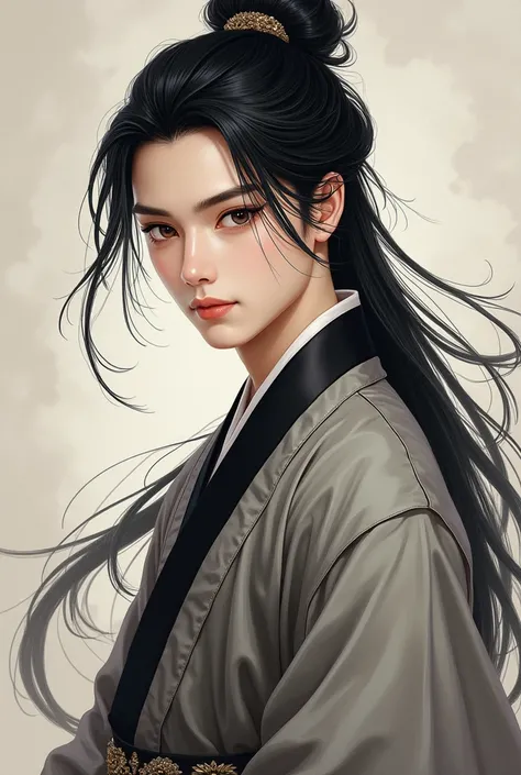 It is a fictional portrait of a handsome 19-year-old student with black hair tied to a horse tail, black eyes, pure white skin, a harmonious body and a seductive charm for women. He wears ancient Chinese clothes in the style of Chinese fantasy painting .