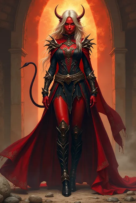 Female Tiefling Wizard, red skin, Detailsreich, Wizard Robe, Full Body, tail, blond hair, Knee boots, skirt, Armor