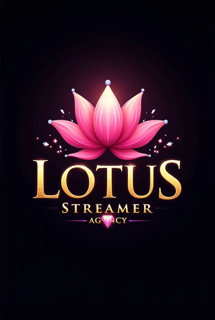 Hello, I want you to create the logo of my agency, which is called lotus, Streamer agency, I want that name to be in English and to be a pink lotus flower inside a golden circle with diamonds and that the letters are in gold with diamonds, that the colors ...