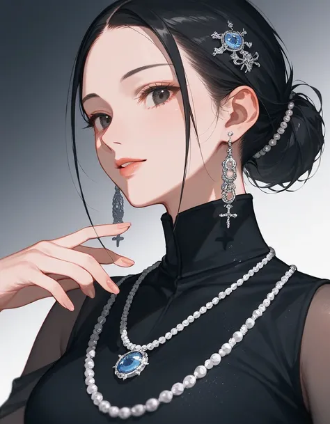 close up, score_9, score_8_up, score_7_up, (solo), 1girl, earrings, necklace, jewelry, beads, bang, hair bun, milf, high neck black dress, (((((fur)))), (silver crown), hairpin,, black hair, (((lace))), black eyes, ((pose)), medium breast, ((hands)), foreh...