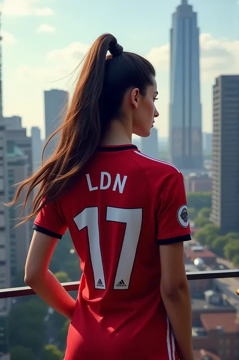 Make me a woman standing on the balcony wearing a Manchester United shirt with the name LDN the jersey number is 17.