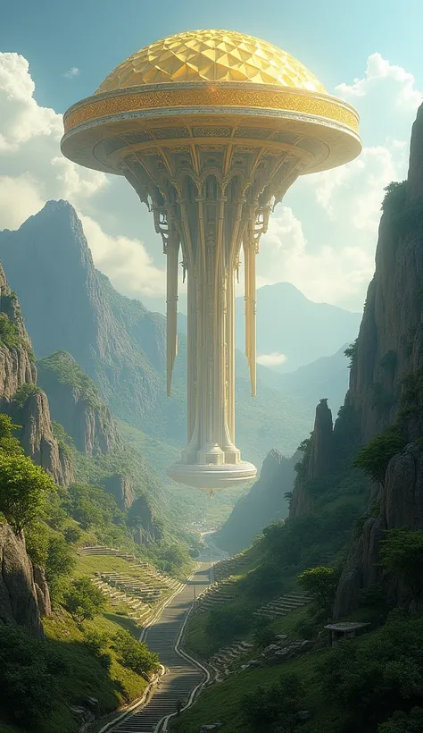 depicts a majestic, fantastical landscape that seamlessly blends elements of ancient architecture with futuristic motifs. Soaring columns adorned with intricate details support a large, golden structure suspended above the scene, implying a divine or other...