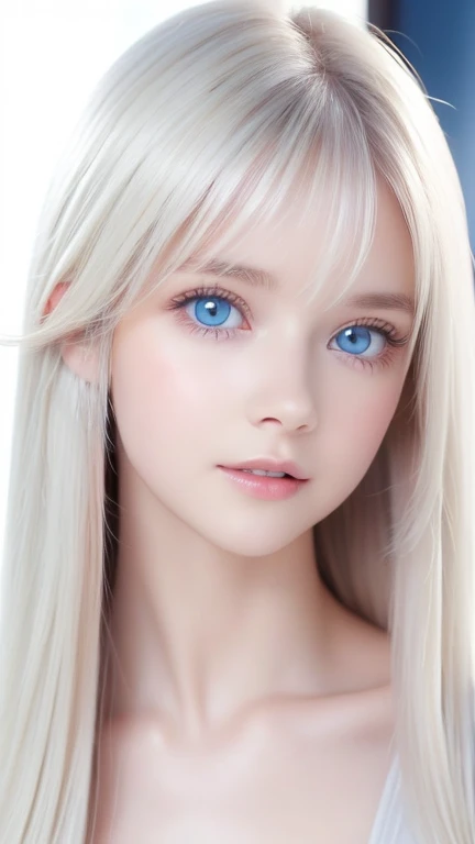  one very white girl , Extremely cute appearance 、 high definition ,  very bright white shiny skin with texture,  very beautiful long platinum blonde 、bangs,  very bright platinum blonde , 目の間のbangs,  super long straight silky hair、 very long platinum hair...