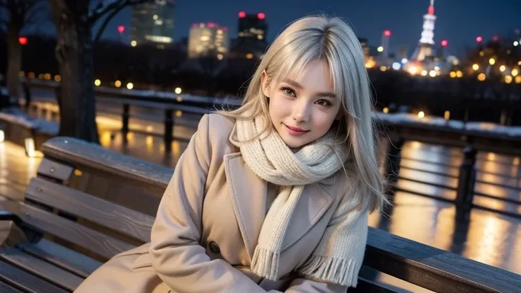 winter, in the park in the urban area, Tokyo, gorgeous cityscape, amid the crowd, city shines with christmas illuminations, dressed in fluffy warm fashion with a scarf and a coat, heart is pounding with tension, a shy smile, blushing, medium length hair, p...