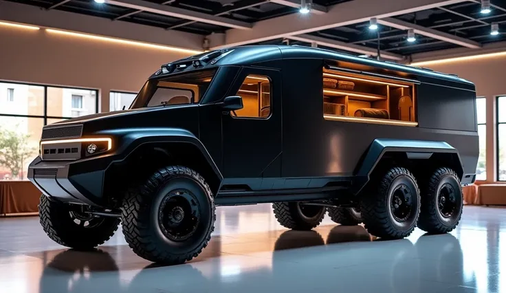 "A futuristic, all-electric off-road camper truck viewed from the side. The sleek black exterior highlights its elongated body with angular, modern lines, large off-road tires, and a six-wheel drive setup. The side view emphasizes the spacious living area ...