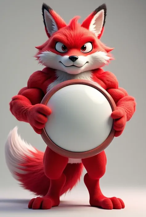 Create 3D muscular fox mascot in the color red showing the whole body with a round white shield holding with both hands