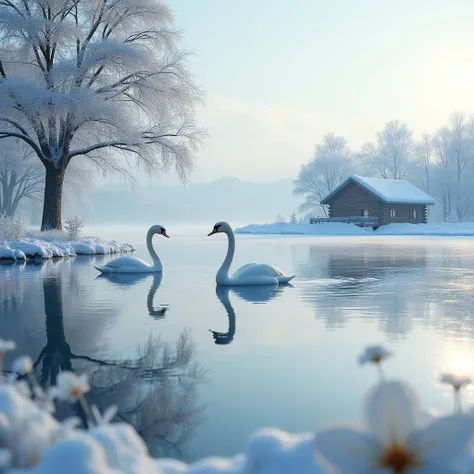 In winter, the clear lake, across the lake there is a tree, rime, next to the tree is a log cabin. In front of them, there are many ice flowers, ice flowers, ice flowers, ripples in the lake. Two swans are reflected in the water, forming a scene of ice and...