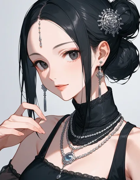 close up, score_9, score_8_up, score_7_up, (solo), 1girl, earrings,  (((((fur)))), necklace, jewelry, beads, (bang), hair bun, milf, high neck black dress, (silver crown), hairpin,, black hair, (((lace))), black eyes, ((pose)), medium breast, ((hands)), fo...