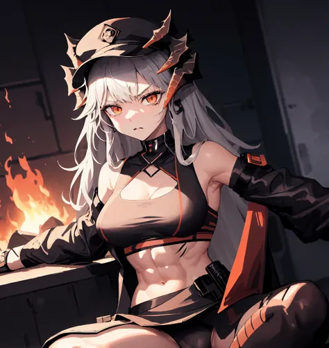 saria_(arknights), 1girl, solo, horns,NSFW, porn, NUDE,big boobs, long_hair, abs, one_eye_closed, tail, breasts, hat, grey_hair, underwear, sitting, navel, sports_bra, armpits, dragon_horns, looking_at_viewer, panties, thighs, black_panties, orange_eyes, b...