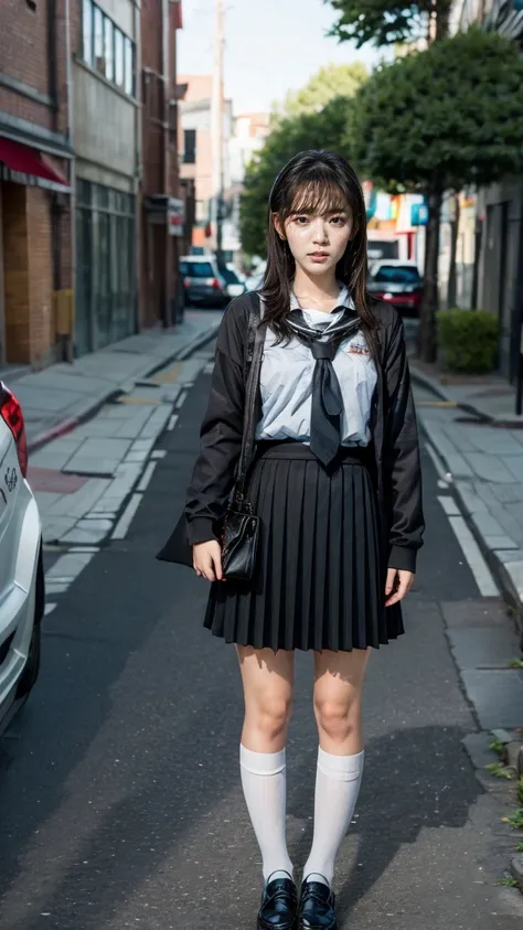 a beautiful 18 year old Japanese high school girl with perfect anatomy, healthy thighs, beautiful legs, beautiful skin, random hair color and style, large breasts, (wearing a Japanese schoolgirl uniform:1.3), (she is standing:1.2), penny loafers, holding a...