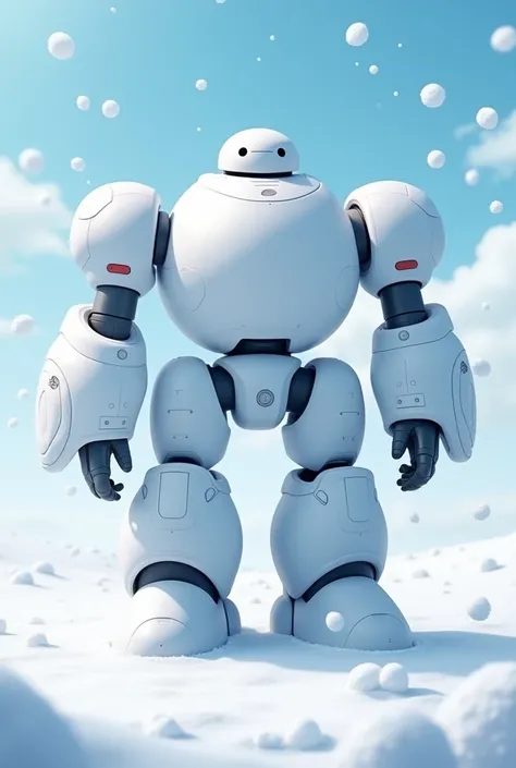 Depict a giant robot made of snow. The robot’s design is centered around a large torso that constitutes the majority of its body, with a spherical shape reminiscent of a snowman. The torso features a smooth, snow-like texture, emphasizing its soft yet impo...