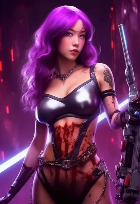 A cute woman (violet hair, violet eyes, sexy violet body suit extremely revealing, some electronic components on the suit with lit displays, laser pistol, chain sword (chain saw bladed sword makes a real bloody mess of foes)), role of space pirate captain,...