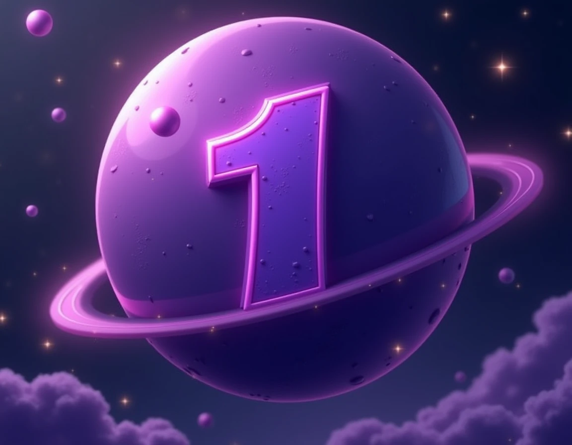 a purple planet with the number ‘1’ written on it. The number should be as if pressed into the planet, but the number should be clearly readable