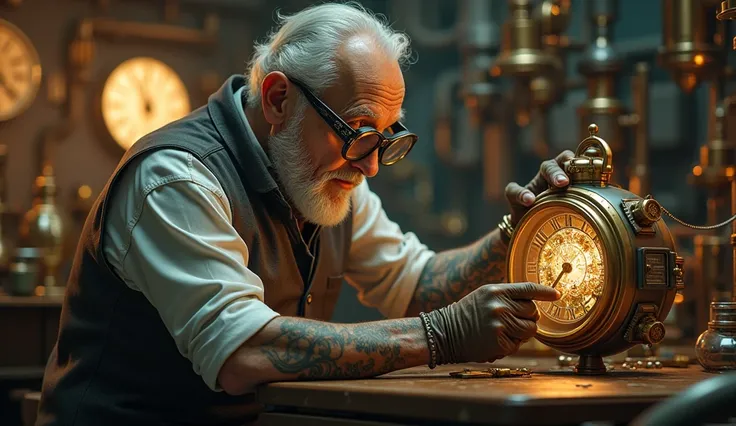 old modern scientist with tattoo on his arms steampunk wearing steampunk watch glasses with watch in a steampunk laboratory with ultra detailed watch twirling in a clock of time