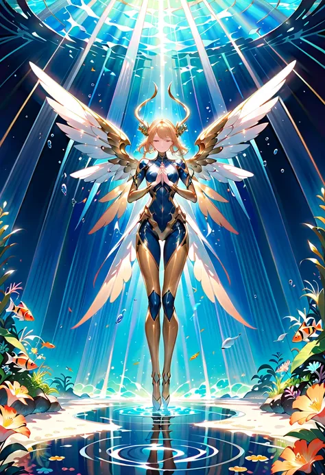 (Masterpiece, BestQuality:1.2),A serene underwater scene illuminated by rays of sunlight penetrating through the water’s surface. At the center of the image, an android angel kneels on the ocean floor, its sleek, metallic body reflecting the sunlight. Its ...