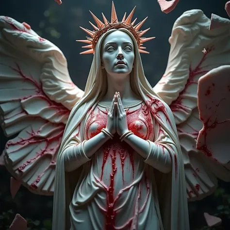 A hauntingly surreal religious statue of a virgin, her form fragmenting into sharp shards, revealing raw flesh, skin, and vivid red blood beneath the broken exterior. She wears a crown of thorns in place of a traditional halo, surrounded by an eerie, sombe...