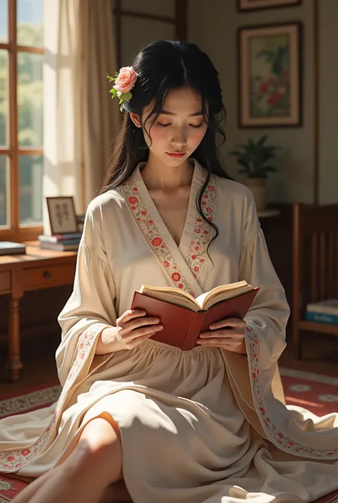 In an elegant home、 wearing embroidered silk nightgown、 Japanese Women Quietly Enjoying Reading 。