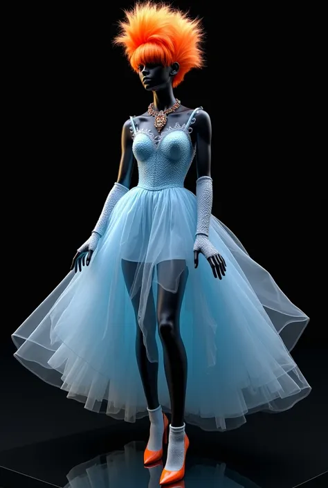  On the black glass floor and black background . Black mannequin with beautiful pose.  Make a light blue dress using liquid blue gel .  Beautiful haute couture dress with black mannequin and beautiful pose.  Short fit dress . voluminous.  considerable volu...