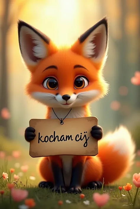 a beautiful and friendly fox with a sign hanging around his neck that says: (((kocham cię)))