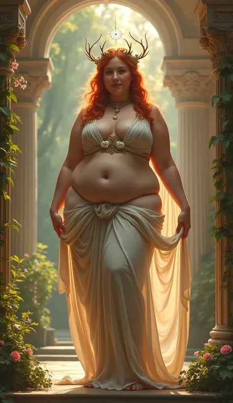 Create an image of the Roman goddess Venus, Redhead woman, known for its power to inspire desire and beauty, with wide hips and large bust
