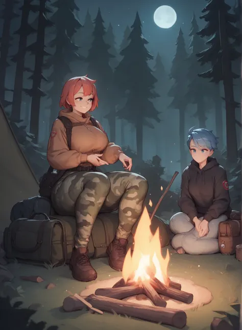 Girl sitting next to campfire, tent in background, camo leggings, thick thighs, smile, dark forest in background, at night, moon in background, dark forest, forest, large bag pack on the ground, campfire, big breasts, poking fire with stick,
