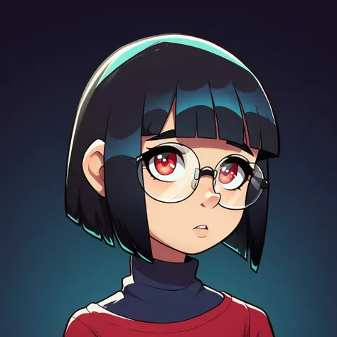 rating_safe, score_8_up, score_7_up, score_6_up, portrait of a petite cute female kuudere, big red eyes, black hair, short hair, blunt bangs, dark background, soft cuddly turtleneck, square glasses, thick-rimmed glasses, miniskirt, black thights, expressio...