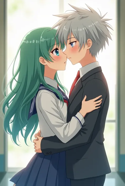 An anime girl with long green hair and heavenly blue eyes wearing school clothes is shy and innocent hugging the waist of a boy who looks her age who has barbed silver hair, light skin and heavenly blue eyes 