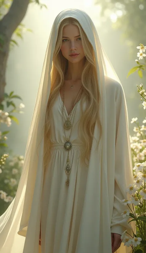 an ethereal figure dressed in a flowing white garment, partially concealed by a soft, hooded cloak. Her long, golden hair cascades downwards, illuminated by soft light filtered through a natural background. She is surrounded by delicate flowers that reinfo...