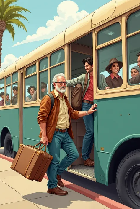 un père montant dans un bus de voyage avec illustration dessin 