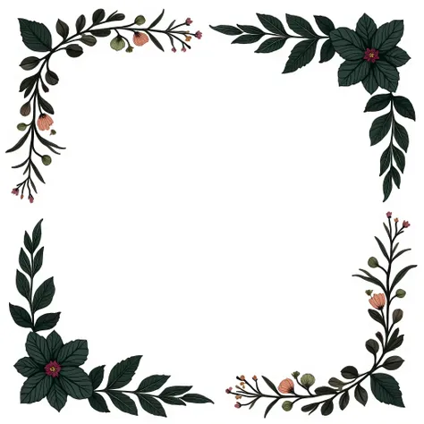 "Design a bold and clearly defined plant-themed frame. The frame should feature strong black outlines of lush leaves, vines, and flowers arranged symmetrically around the edges. All elements must be sharp and solid, with no faint or blurred details, ensuri...