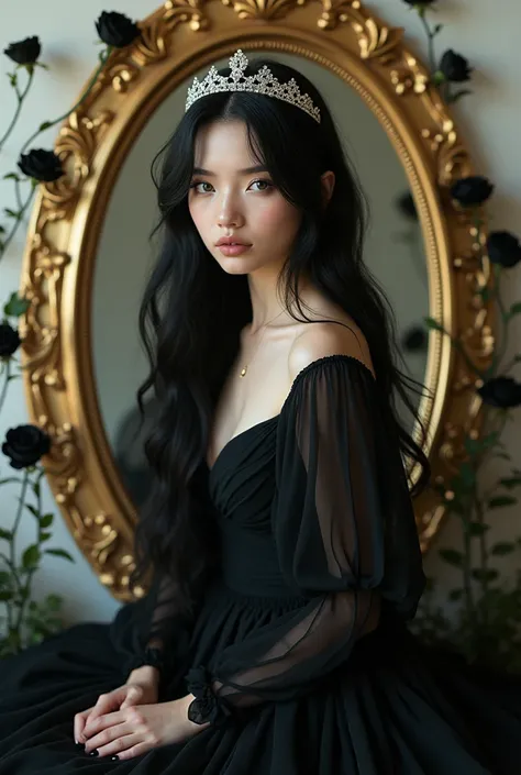 girl sitting in front of a mirror, long black hair, light blue eyes, pale skin, ethereal beauty, black 70s dress, diamond tiara, golden mirror, black roses