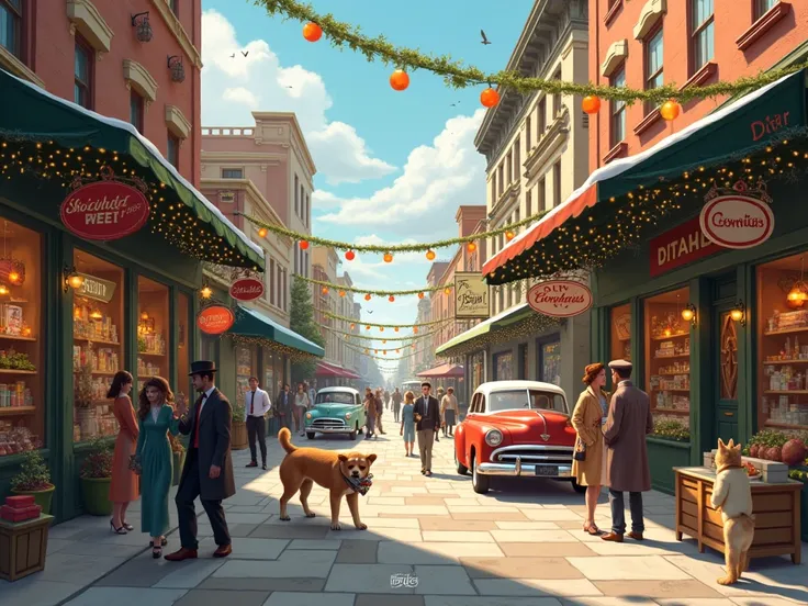 Street stores people dog cat old cars Christmas vintage